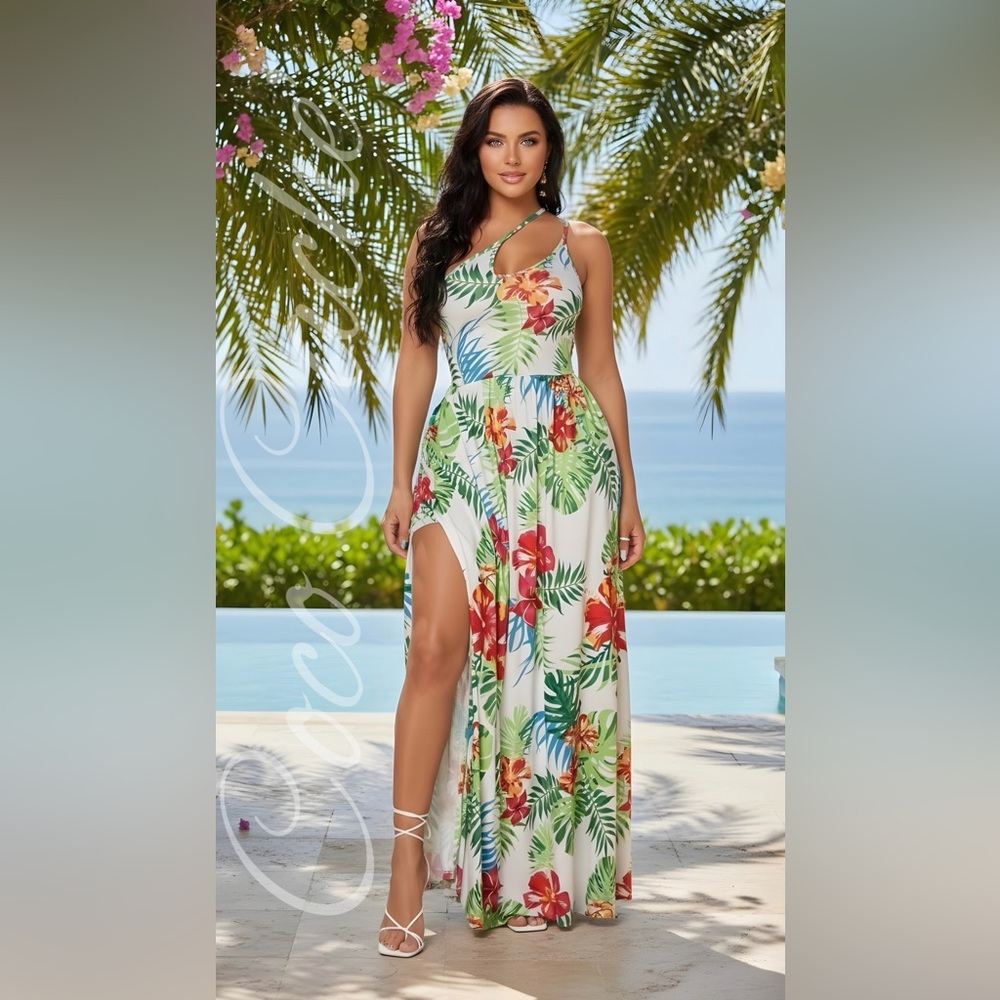 Tropical Floral Print One Shoulder Maxi Sundress